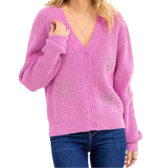 Sweaters - Pink Heart Embellished Women's Sweater
